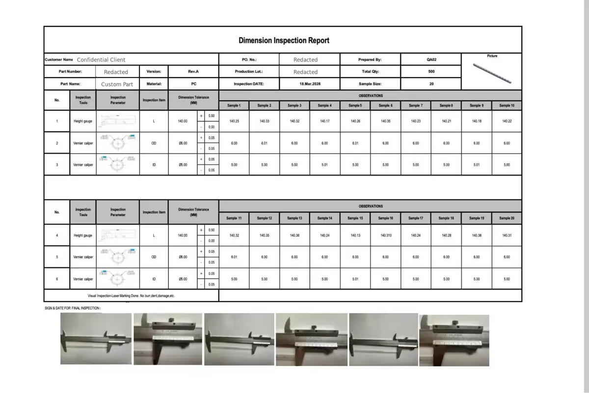 Anonymized dimensional inspection report with sample measurement results