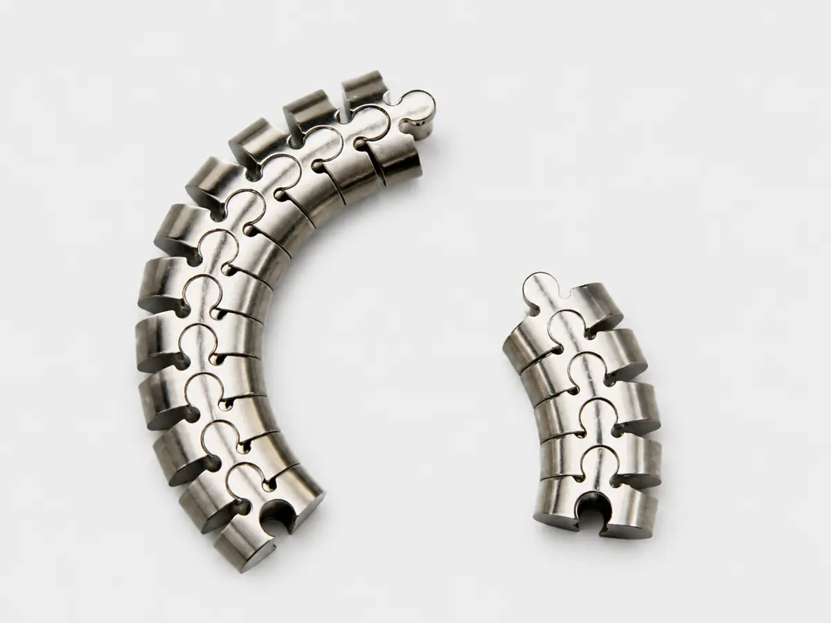 Precision-machined interlocking metal components with curved segmented profiles